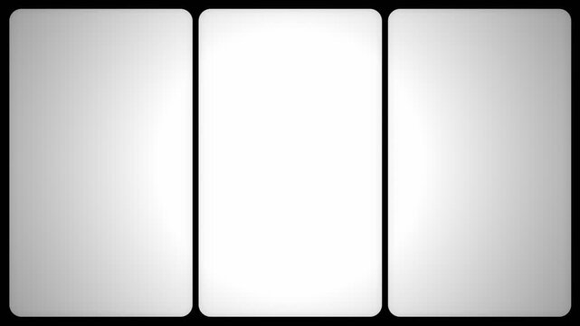 Three vertical blank white screens with rounded corners on black background, minimalist mobile phone triptych mockup for modern UI UX app showcase or social media story presentation template.