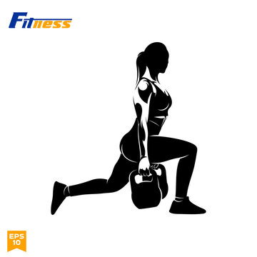 Woman doing kettlebell fitness exercise silhouette vector illustration for gym, workout logo, and fitness crossfit poster.