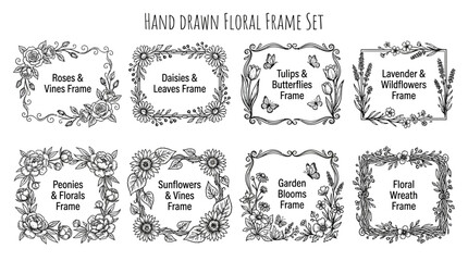 Fototapeta premium Diverse Collection of Hand-Drawn Botanical Frames and Decorative Floral Borders, Perfect for Invitations, Cards, and Elegant Design Projects