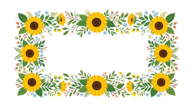 Rectangular border of vibrant sunflowers and green leaves, adorned with small blue and white wildflowers, perfect for invitations and decorations
