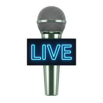 News microphone with glowing blue live display for media reporting