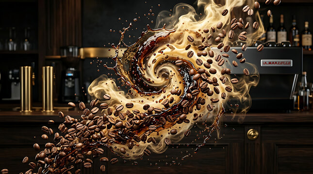 Surreal Coffee Bean Explosion and Golden Liquid Espresso Nebula Concept