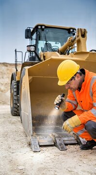 Mechanic in orange uniform inspecting loader bucket teeth with a flashlight. Industrial worker checking heavy machinery at a quarry mining site