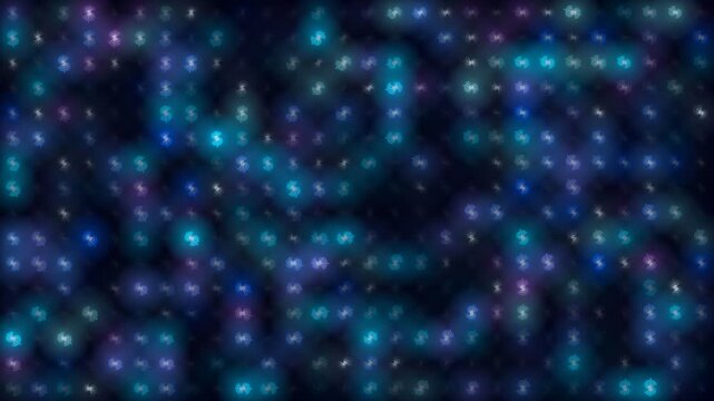 Abstract background of glowing blue and teal dollar sign currency symbols on a dark wall