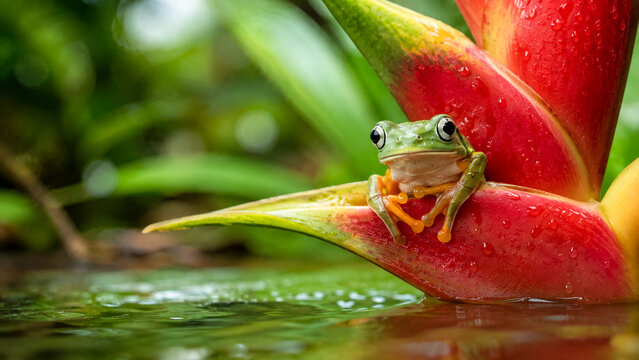 Close-up of a green-eyed tree frog nestled inside a vibrant wet heliconia flower near a calm stream in the rainforest