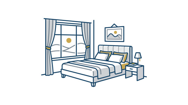 A minimalist line art illustration of a cozy bedroom interior with a bed and window.