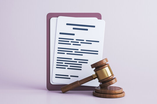 Justice gavel and legal document symbol for courtroom authority, law, judgment, contract review, and legal decision making on a soft light background. 3D Rendering