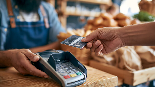 small business payment concept, shop owner accepting a credit card from a customer using a modern contactless payment terminal, contemporary local store environment, natural human interaction,