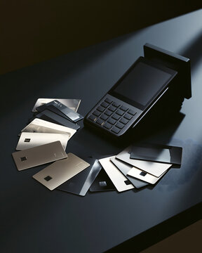 premium credit card payment still life, generic metallic payment cards arranged beside a modern wireless POS terminal, elegant dark desk surface, soft directional lighting, sophisticated financial