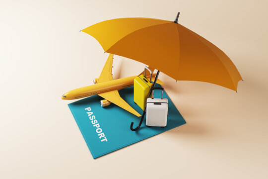 Travel insurance concept with yellow airplane, luggage, passport, and umbrella symbolizing secure vacation protection for every journey. 3D Rendering