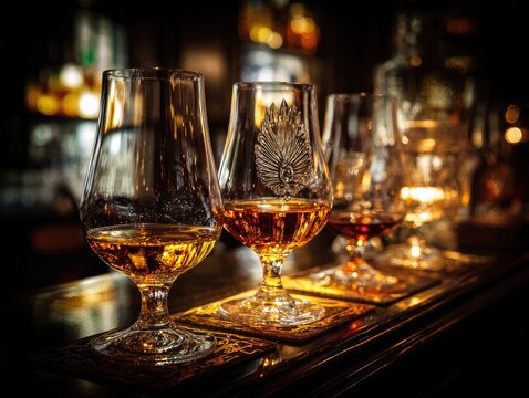 Whiskey glasses on wooden bar table.