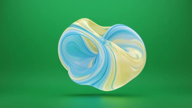 Fluid abstract shape morphing with yellow and blue swirls during a smooth rotation against a green backdrop