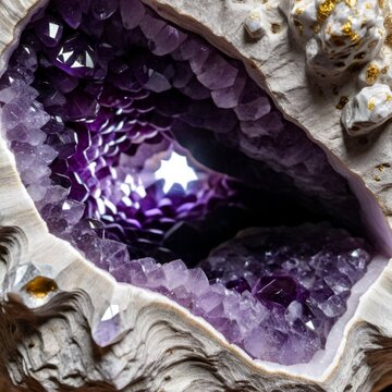 Macro shot of a raw purple amethyst geode crystal with a sparkling interior