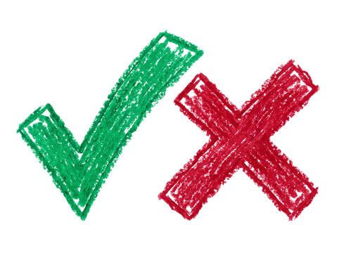 Hand Drawn Green Checkmark and Red Cross Symbols Created with Chunky Wax Crayon Texture Isolated on White Background for Evaluation