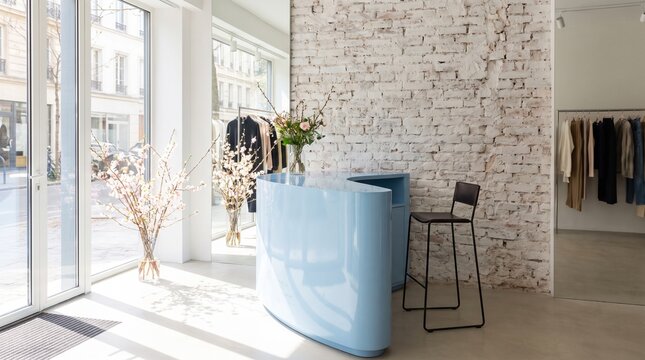 Modern boutique reception desk with minimalist decor and neutral tones for luxury retail branding