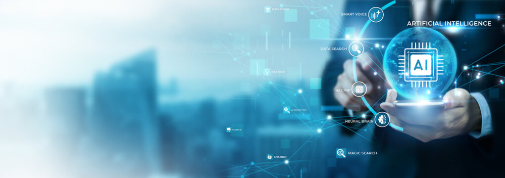 Businessman Using Phone for Artificial Intelligence and Global Data Analysis. Machine Learning Solutions, AI Automation, Future Technology, Enterprise Smart Analytics, Futuristic Corporate Tech