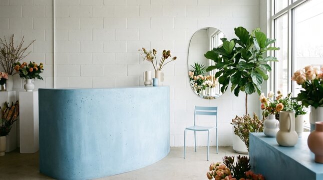 Modern minimalist florist shop interior with turquoise counter and lush green plants display