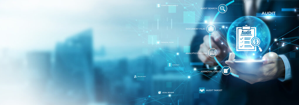 Businessman Using Phone for Audit and Global Data Analysis. Financial Compliance Review, Corporate Risk Assessment, Accounting Verification, Business Inspection, Internal Control System