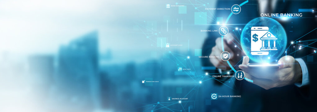 Businessman Using Phone for Online Banking and Global Data Analysis. Secure Internet Banking, Digital Account Transfer, E-Banking Financial Services, Mobile Money Management