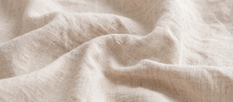 Close-up of soft, wrinkled beige linen fabric, showcasing its texture and natural fibers. Ideal for textile design, fashion, and interior d&eacute;cor inspirations.