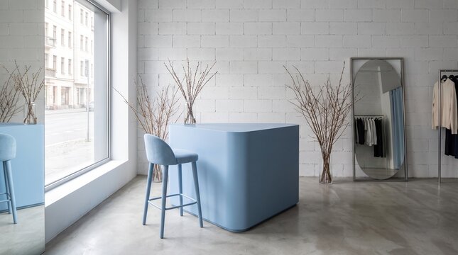 Modern minimalist boutique interior with blue counter and bar stools near bright window