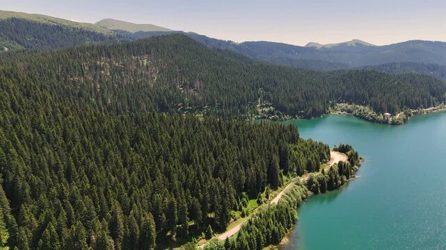 Bolboci Lake forest passage aerial view in Bucegi Mountains