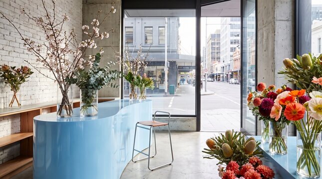 Modern minimalist floral design studio with urban cityscape view and natural light workspace