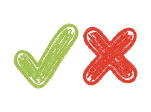 Hand Drawn Sketch Style Green Check Mark and Red X Cross Symbols Isolated on White Background for Checklist and Selection Indicators