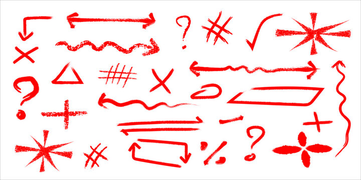 Collection of hand drawn red brush stroke symbols arrows and abstract shapes on a white background