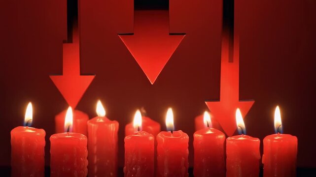 Red candles burning with downward arrows during a dark dramatic concept in cinematic motion
