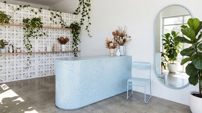 Modern light blue boutique counter in minimalist floral shop with hanging plants and natural decor