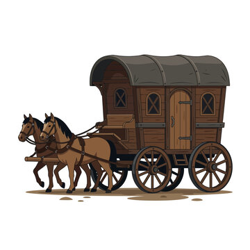 Illustration of a horse drawn wagon on white background