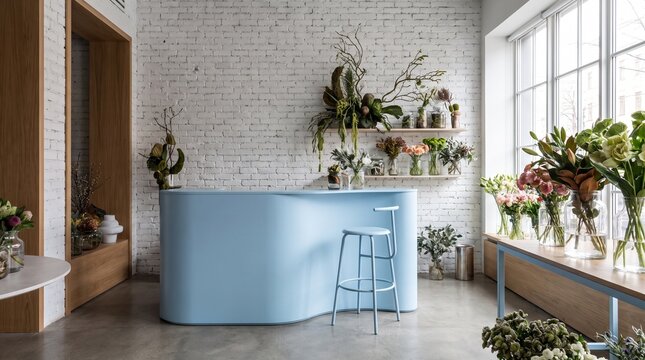 Modern light blue counter in minimalist flower shop with hanging plants and natural light