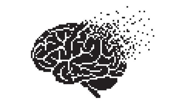 Human brain dissolving into pixels vector, mental health and memory loss concept, pixelated brain anatomy illustration