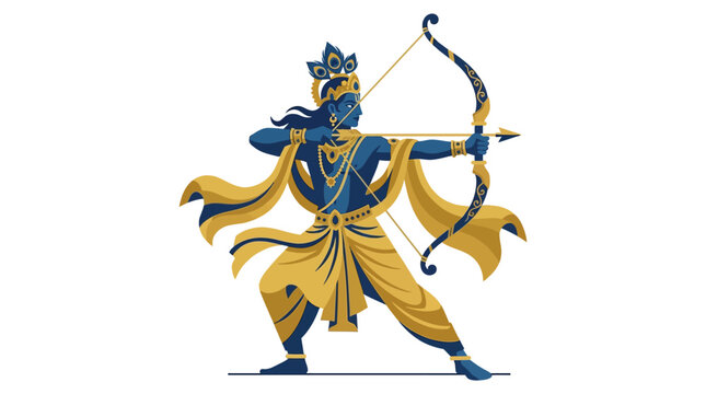 Stylized Hindu Archer Deity Illustration in Blue and Gold Holding Bow and Arrow for Traditional Religious and Cultural Celebration, Vijaya Dashami Festival