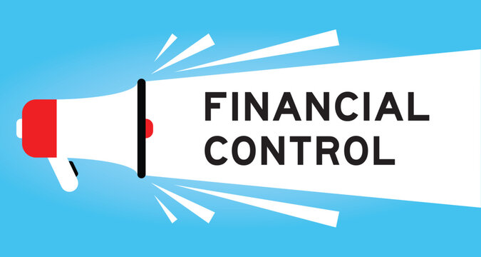 Color megaphone icon with word financial control in white banner on blue background