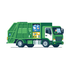 Fototapeta premium Green Garbage Truck Collecting Recyclable Waste