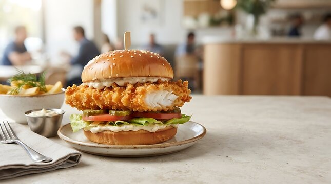 Crispy fried fish burger served with tartar sauce on wooden table