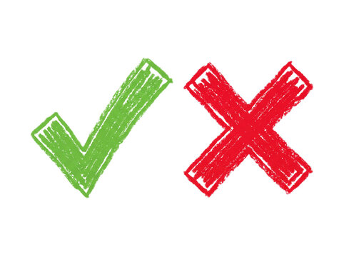 Hand Drawn Green Checkmark and Red X Cross Symbols for Yes or No Decision Making Choices and Accurate Selection Verification Graphics