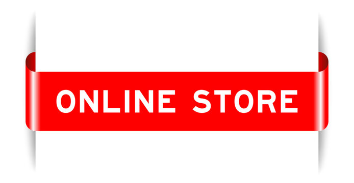 Red color inserted label banner with word online store on white background