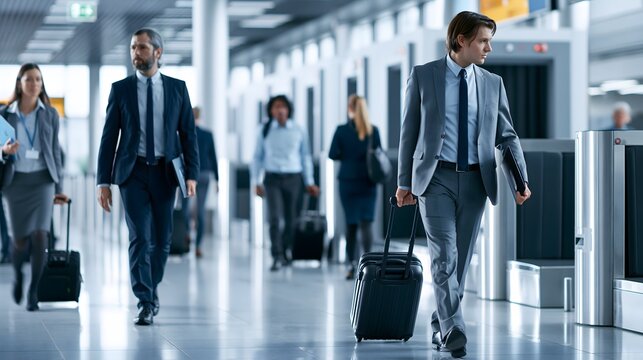 international travelers moving through airport security checkpoint, business professionals carrying luggage and travel documents, modern security infrastructure, spacious terminal interior, realistic