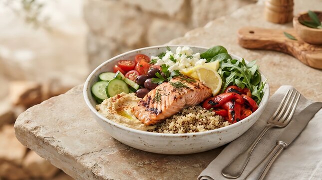 Healthy grilled salmon mediterranean bowl with quinoa hummus and fresh salad