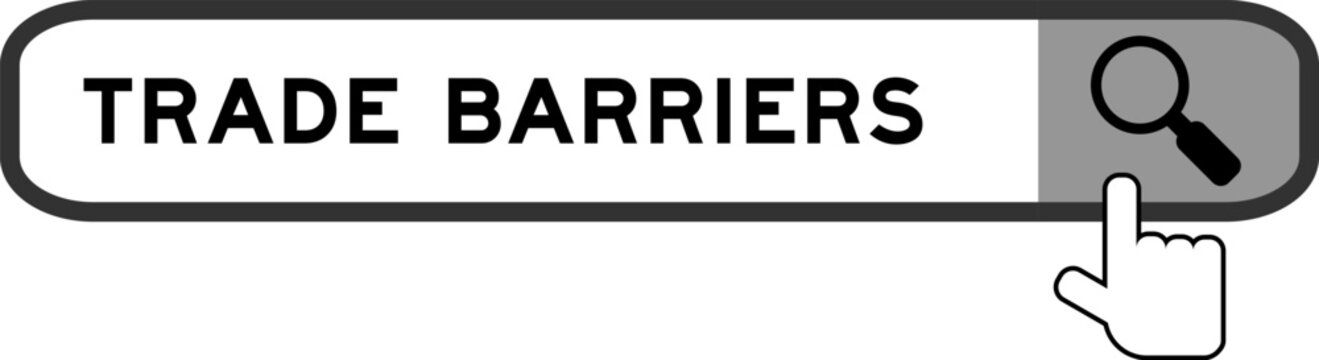 Search banner in word trade barriers with hand over magnifier icon on white background