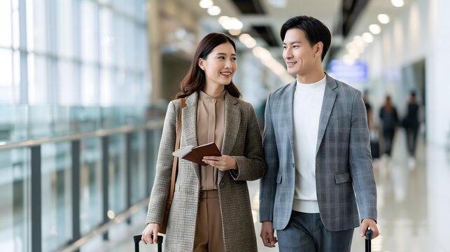 travel insurance concept, professional Asian couple preparing for international flight inside a modern airport, passports and travel documents held naturally, carry on luggage, contemporary terminal