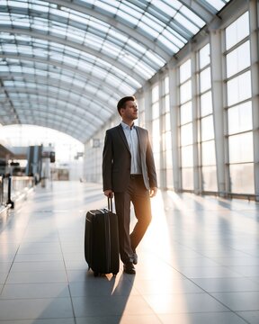 modern airport departure experience, professional businessman walking confidently with rolling suitcase beneath a dramatic glass ceiling, spacious terminal architecture, soft morning sunlight,