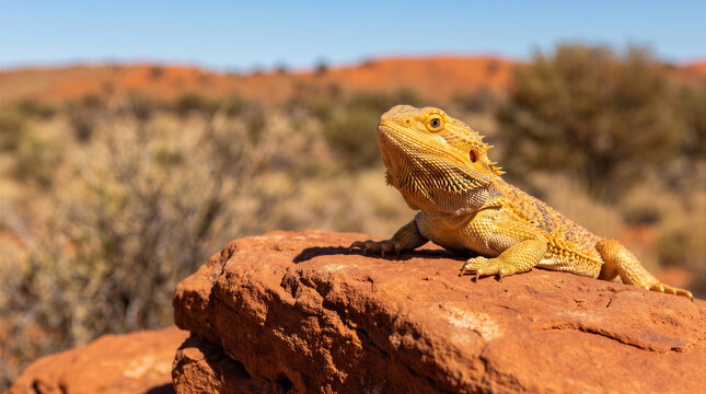 Australian bearded dragon pogona lizard basking on desert outback rock, native reptile wildlife.