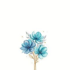 Obraz premium Three blue flowers with golden stems and grey leaves isolated on a transparent background