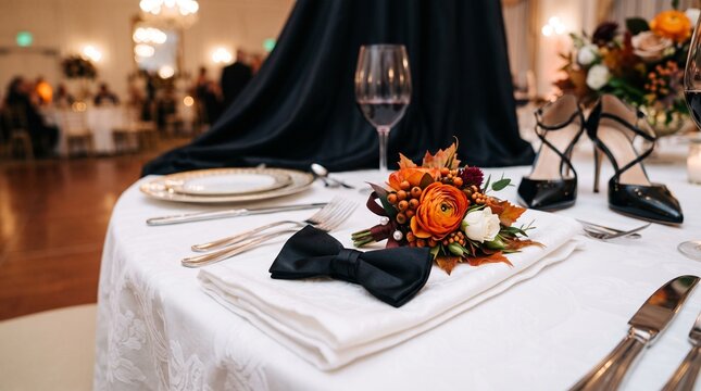 Formal dinner place setting with corsage, bow tie, high heels and dress, fall dance preparation concept