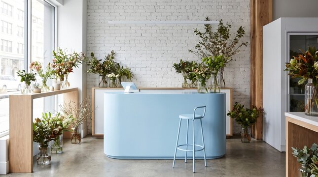 Bright modern floral boutique interior with pastel blue counter and potted plants display