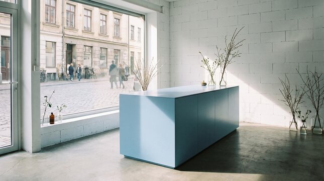 Modern minimalist bathroom with freestanding blue bathtub and large window view of city skyline